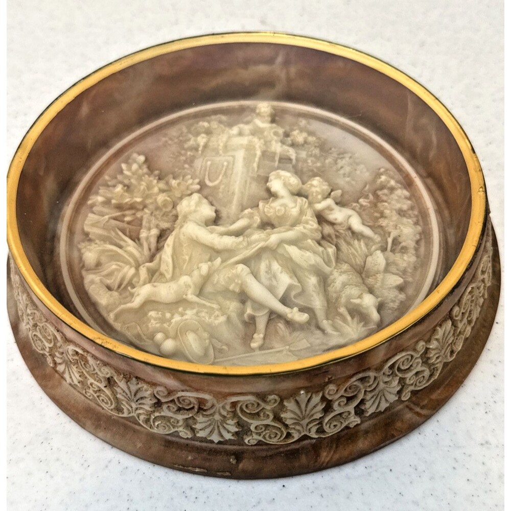 VTG Brown Incolay Stone Cupid Cherub Romantic Shadow Box Wall Hanging Glass Top